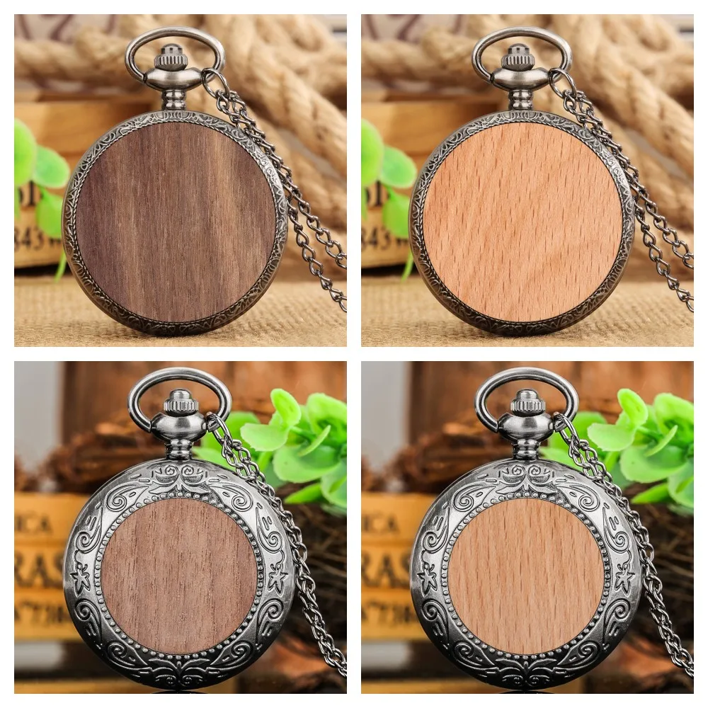 Walnut/Beech Wood Slice Decor Quartz Pocket Watch Grey Black Alloy Metal Watch Case Arabic Numerals Dial Pendant Necklace Watch