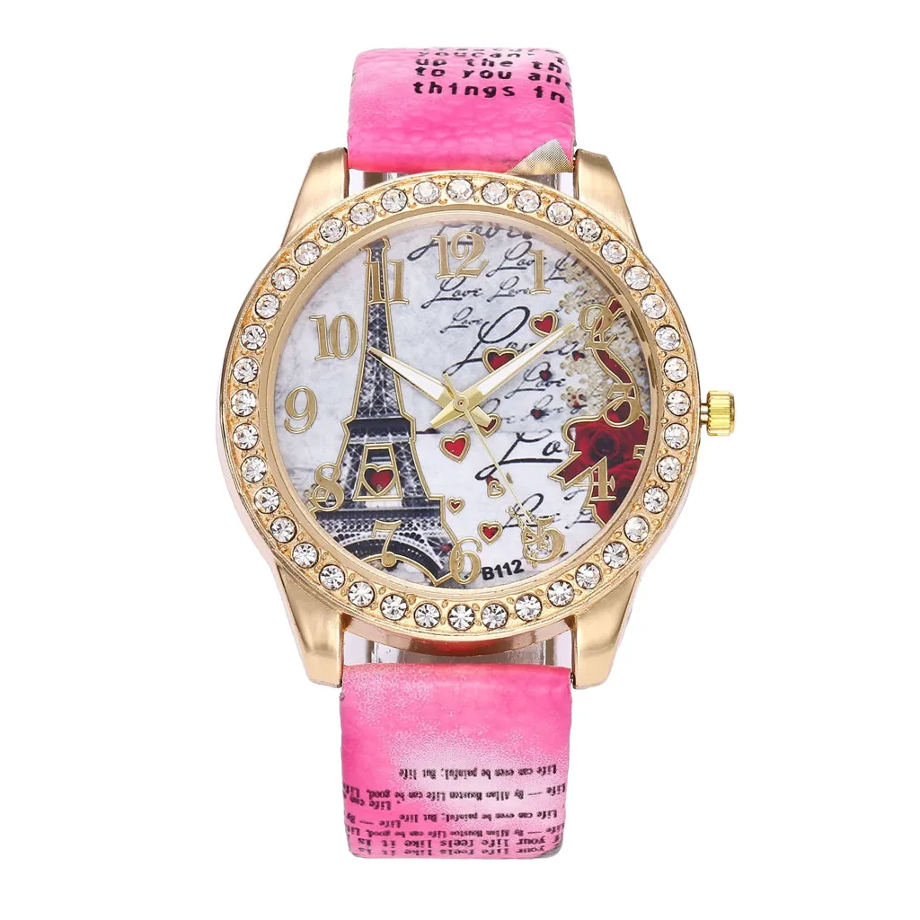 Vintage Paris Tower Women Fashion Watch Crystal Leather Quartz Wristwatch