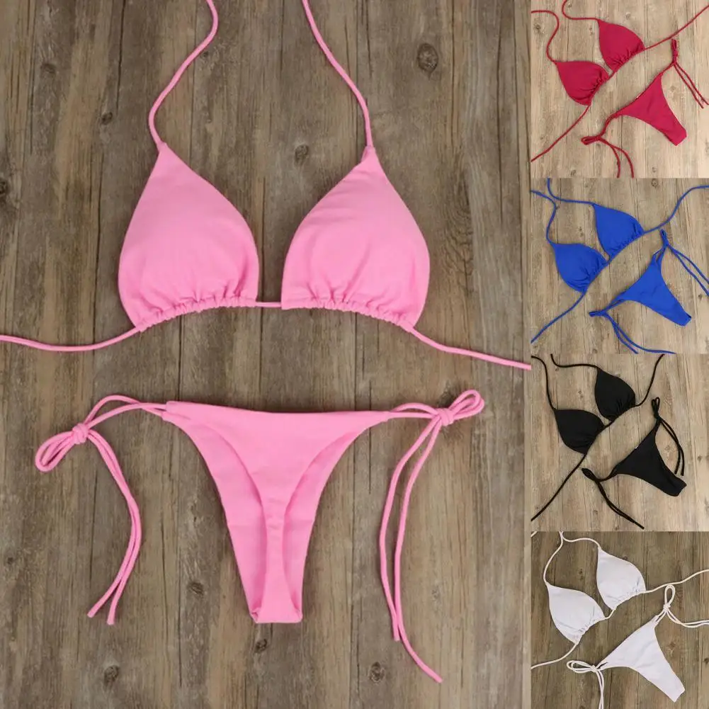 

2 Pcs/Set Women Swimsuit Set Pure Colors Strap Halter Neck Thong Women Swimsuit Set Women Swimsuit for Travel