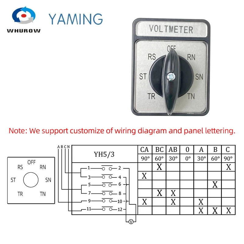 Yaming Electric Voltmeter OFF-RN-SN-TN-TR-ST-RS Three Poles 20A 7 Position Rotary Cam Switch Interruptor LW26-20YH5/3 CA10