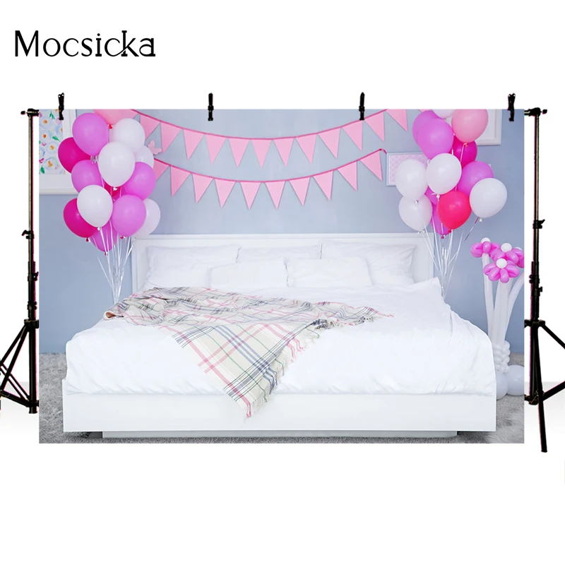 Mocsicka Birthday Background Photography Bedroom Balloons Decoration Home Party Children Portraits Studio Photo Props Banner