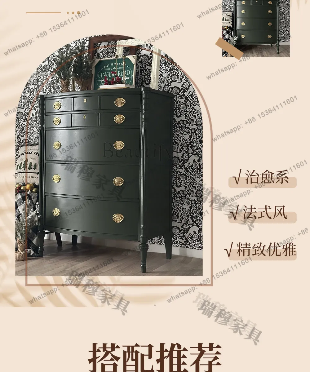 American medieval solid wood chest cabinet household high chest cabinet French simple living room dark green side cabinet