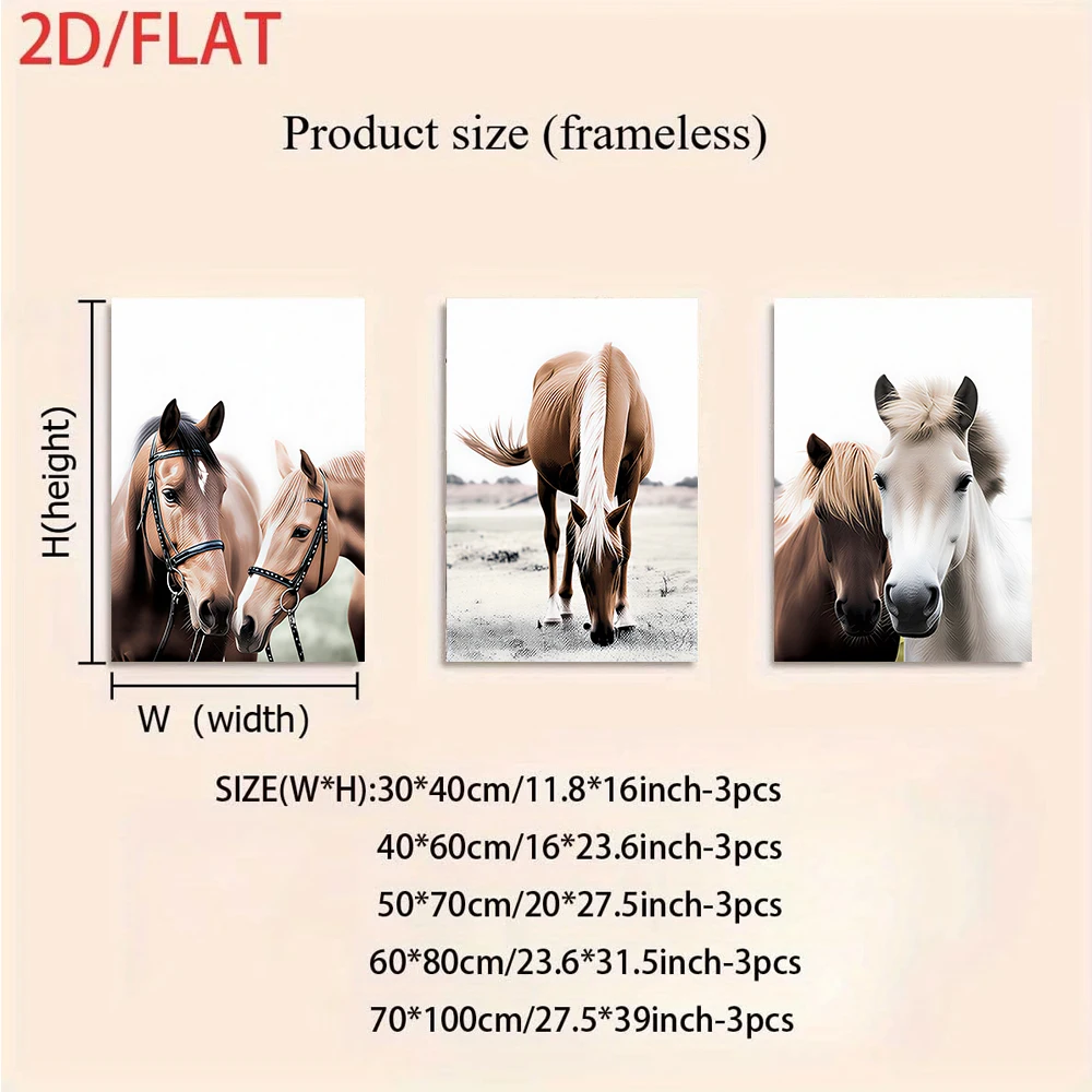 3PCS Large-sized frameless canvas paintings,1 Set Steed Horse triptych frameless Wall Art, Modern Minimalist Living Room Sofa Ba