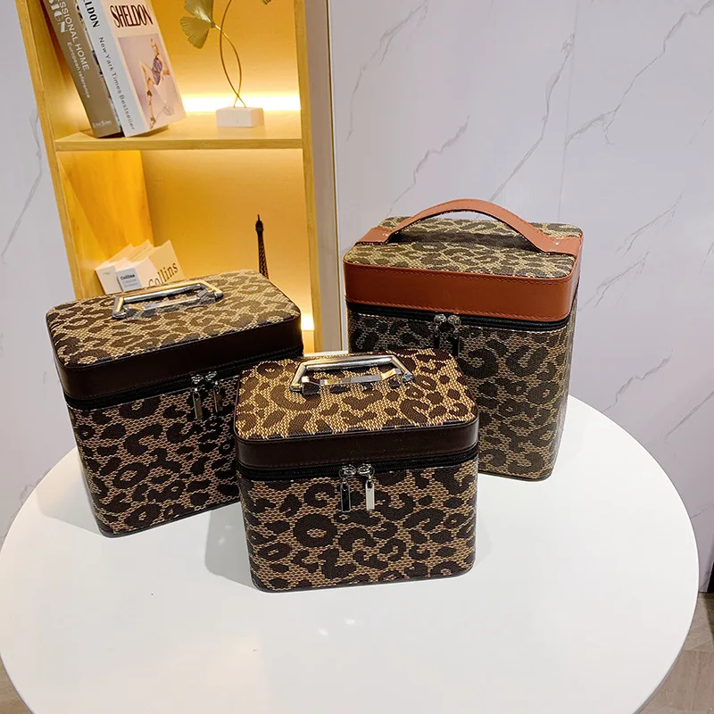 New Leopard Print Makeup Bag Large Capacity Double Layer Handheld Cosmetic Box Travel Storage Puch Portable Beauty Handbags