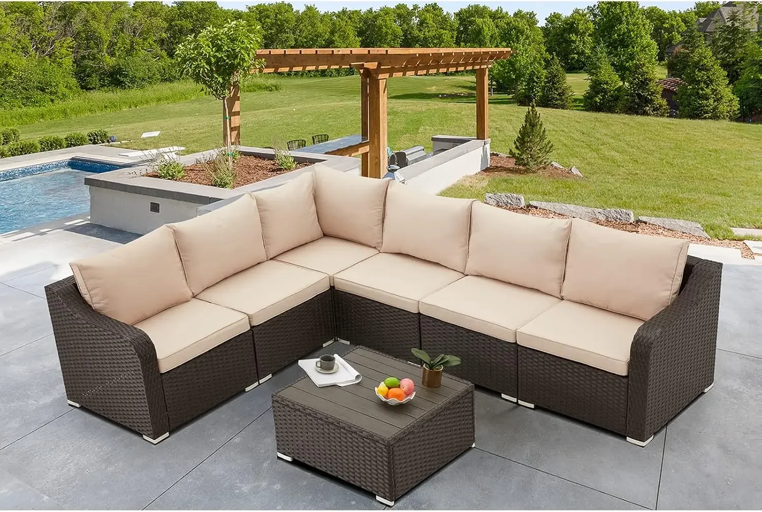 Outdoor Sectional Wicker Sofa, RattanSet with Ottomans, Coffe table and Cushions, Wicker Patio Furniture Set for Pool, Garden