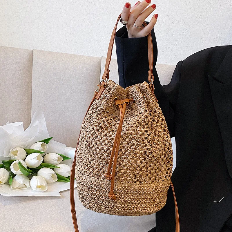 Woven Straw Bag Ladies Bucket Crossbody Bag Summer Beach Bag Retro Travel Shoulder Bags Small Travel Purse and Handbag For Women