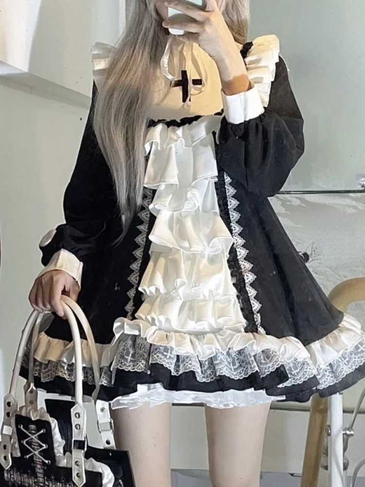 Japanese Sweet Dress Women Contrast Color Patchwork High Waist Harajuku Robe Grunge Ladies Sweet Lace Dresses Vestido De Mujer