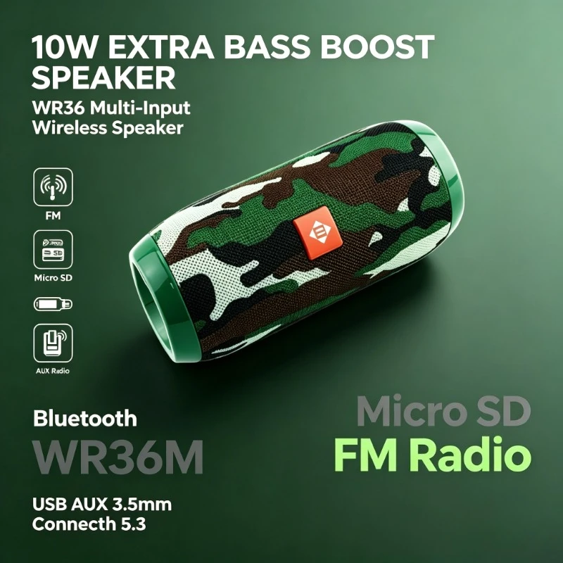 Dispositivo audio wireless portatile per esterni WETECH WR36, altoparlante con bassi potenziati e design con cordino, compatibile con diverse fonti audio, ideale per campeggi e escursioni, in grado di
