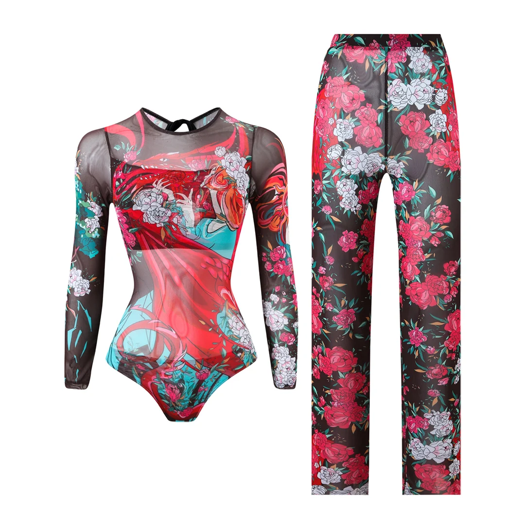 S - XXL Neuer bedruckter Badeanzug mit langen Ärmeln und Hose, einteiliger Damen-Badeanzug, floraler, gepolsterter Badeanzug, Badebekleidung, Modell V7176 – Detail 36