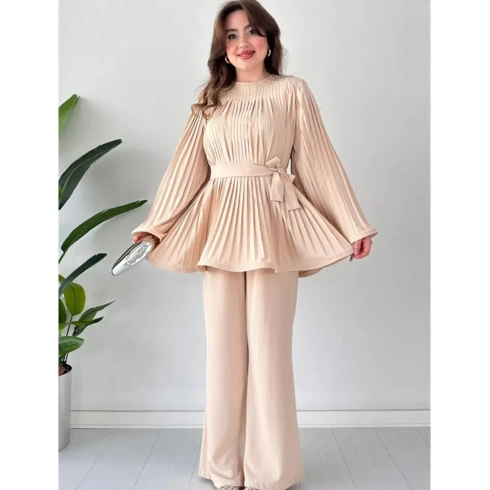 

2026 Women's New Fashion Lace-up Pleated Loose Tops Wide-Leg Pants 2-piece Set Elegant Female Wide Leg Long Pants Office Suit
