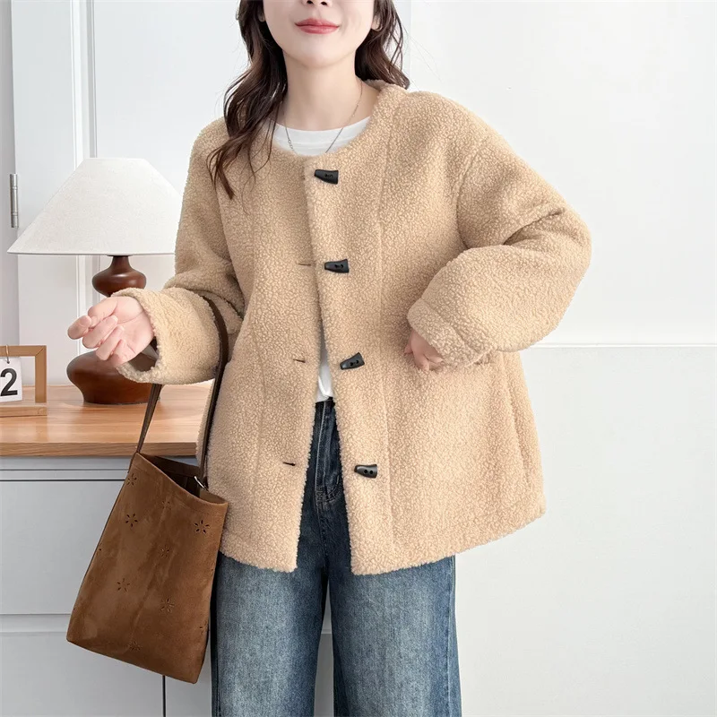 Autumn Winter Faux Lamb Wool Jacket For Women Round Neck Simple Splicing Thick Jackets French Casual Fashion Warm Overcoat 4