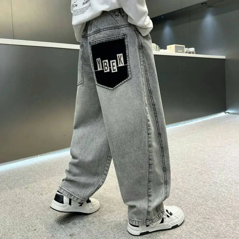 

Spring Autumn Casual Relaxed Fit Medium To Large Kids Jeans Light Grey Boys' Denim Pants