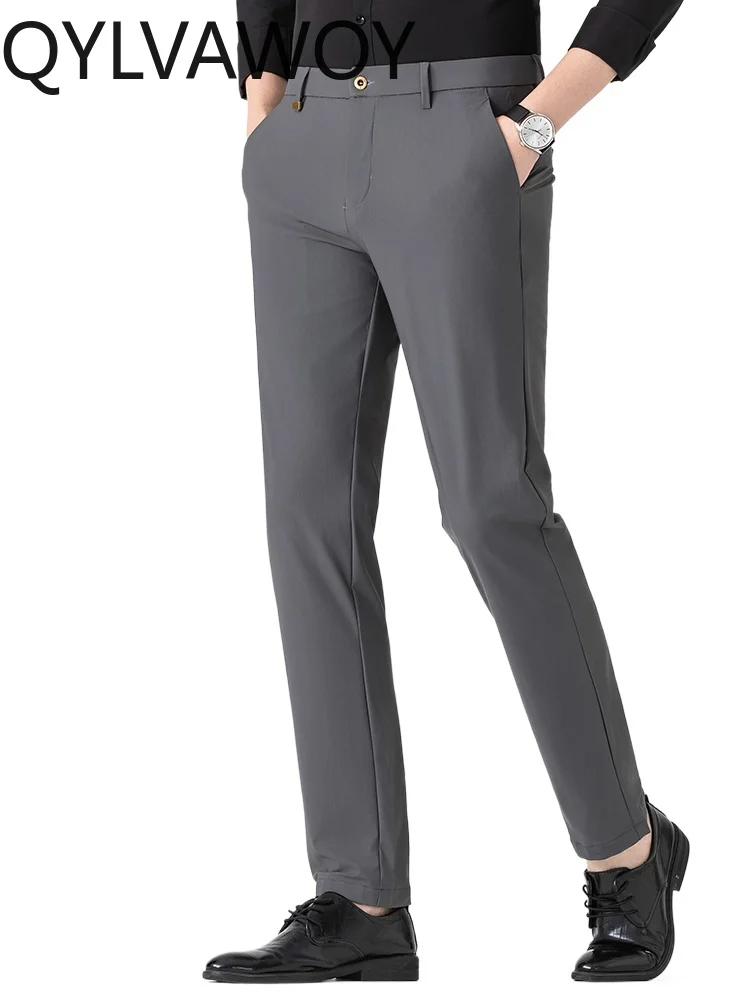 

QYLVAWOY Men's Spring Summer Casual Pants Ice Silk Elastic Straight-Leg Trousers Middle-Aged Thin Suit Pants Dad's Outfit LJ2302
