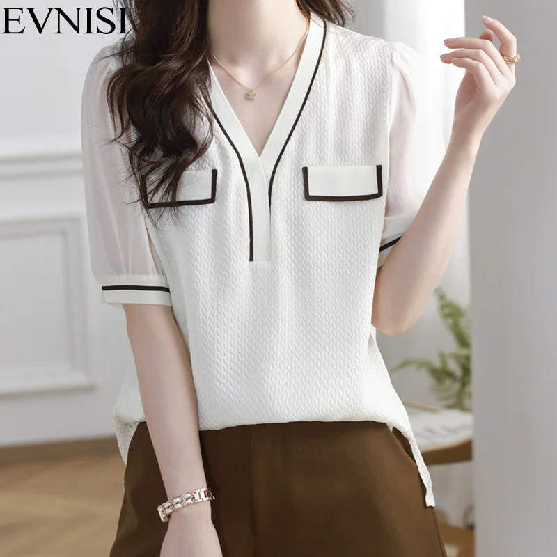 EVNISI Elegant Women White T-shirt V-Neck Silk Short Sleeve Office Tops Chic For Women Loose T-shirt Summe Knitted Shirt 2023