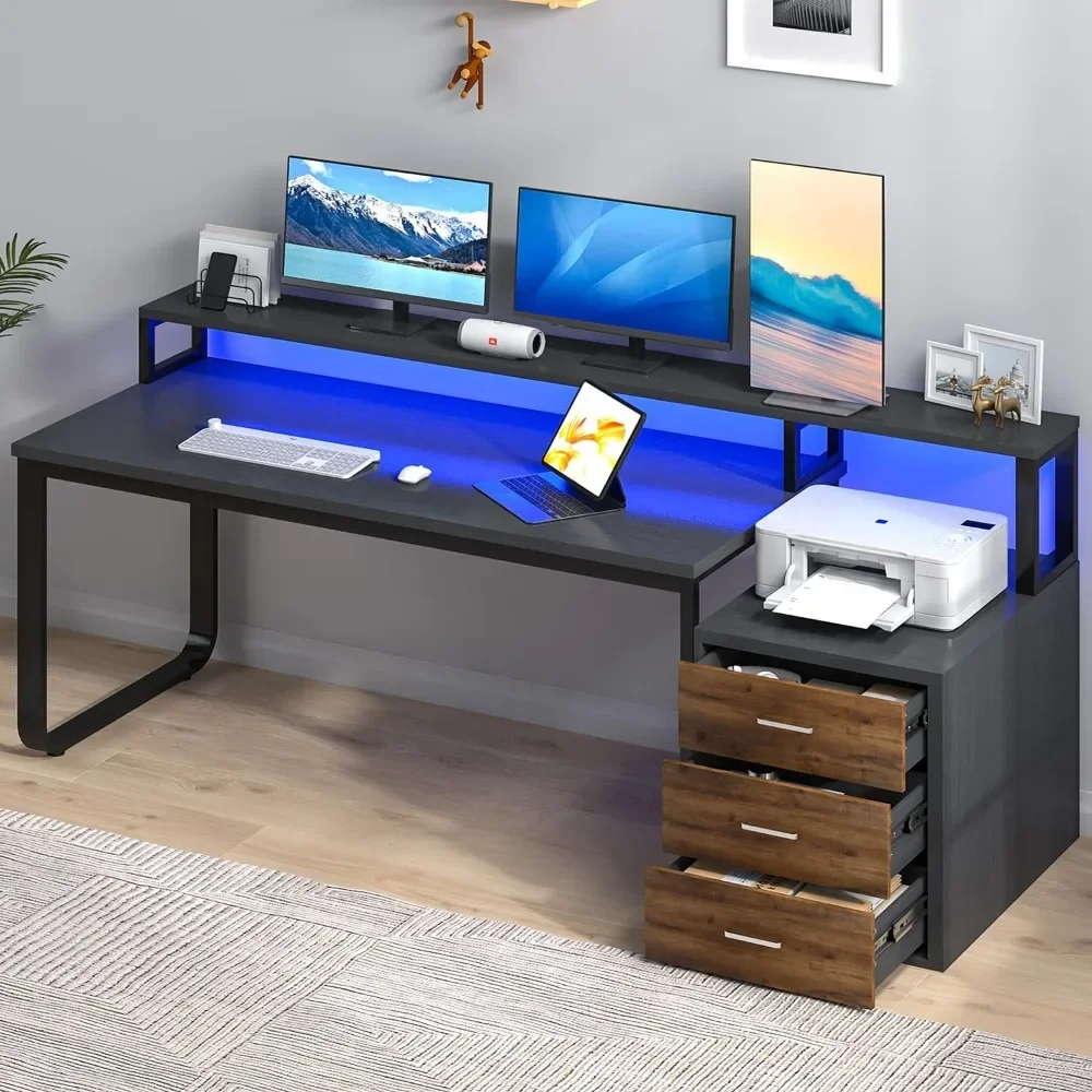 

67 Inch Computer Desk with 3 Drawers and Storage, LED Desk with Long Hutch, Reversible Writing Study Desk with LED Light