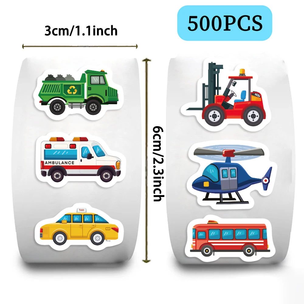 500 Stück Niedliche LKW- und Baufahrzeug-Aufkleber-Rolle, Belohnungs- und Ermutigungs-Cartoon-Sticker, Wasserfeste Dekorationsaufkleber