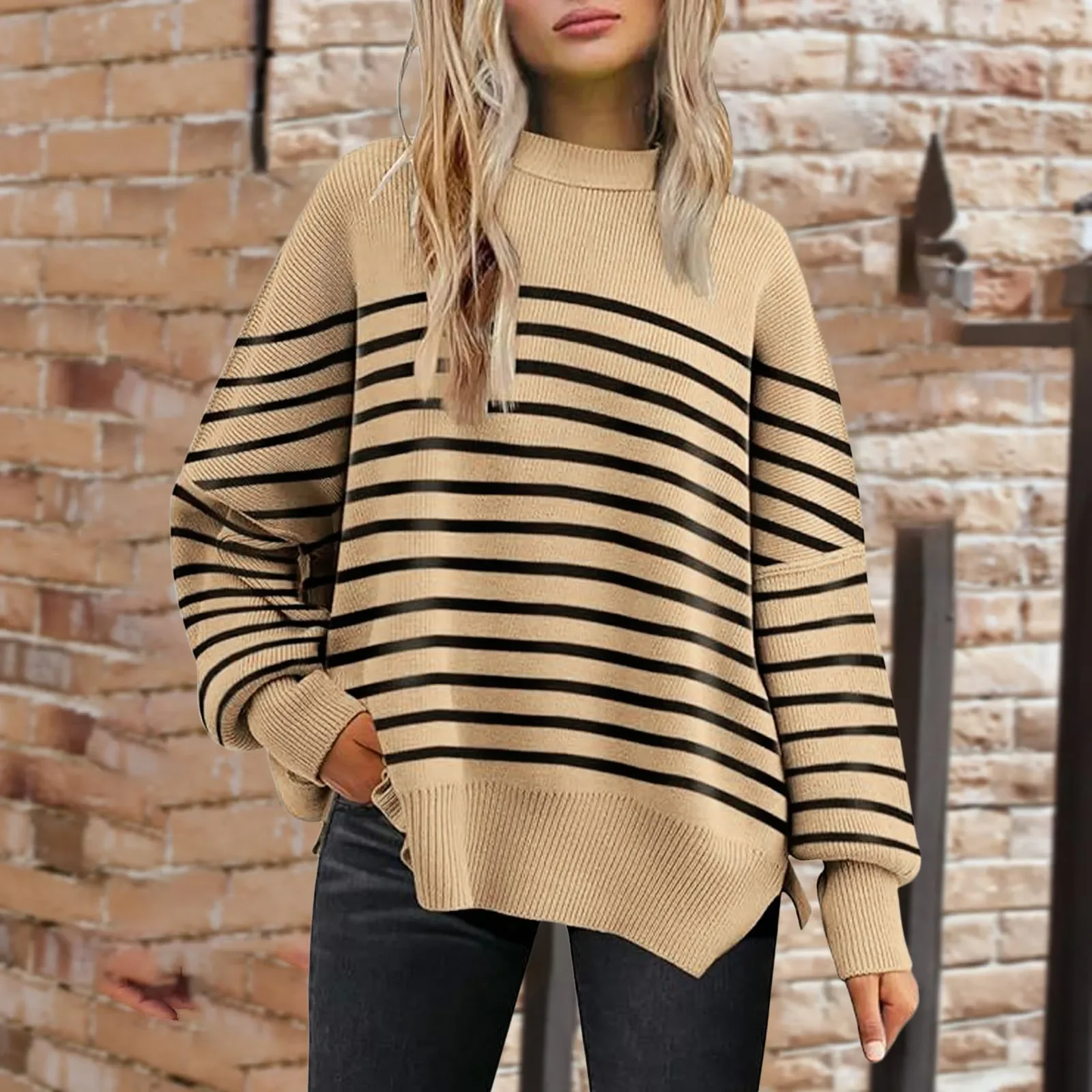 

European Beautiful Women'S Crew Neck Bat Wing Long-Sleeved Sweater Autumn Knitted Side Slit Jumper Knit Side Slit Pullover Tops