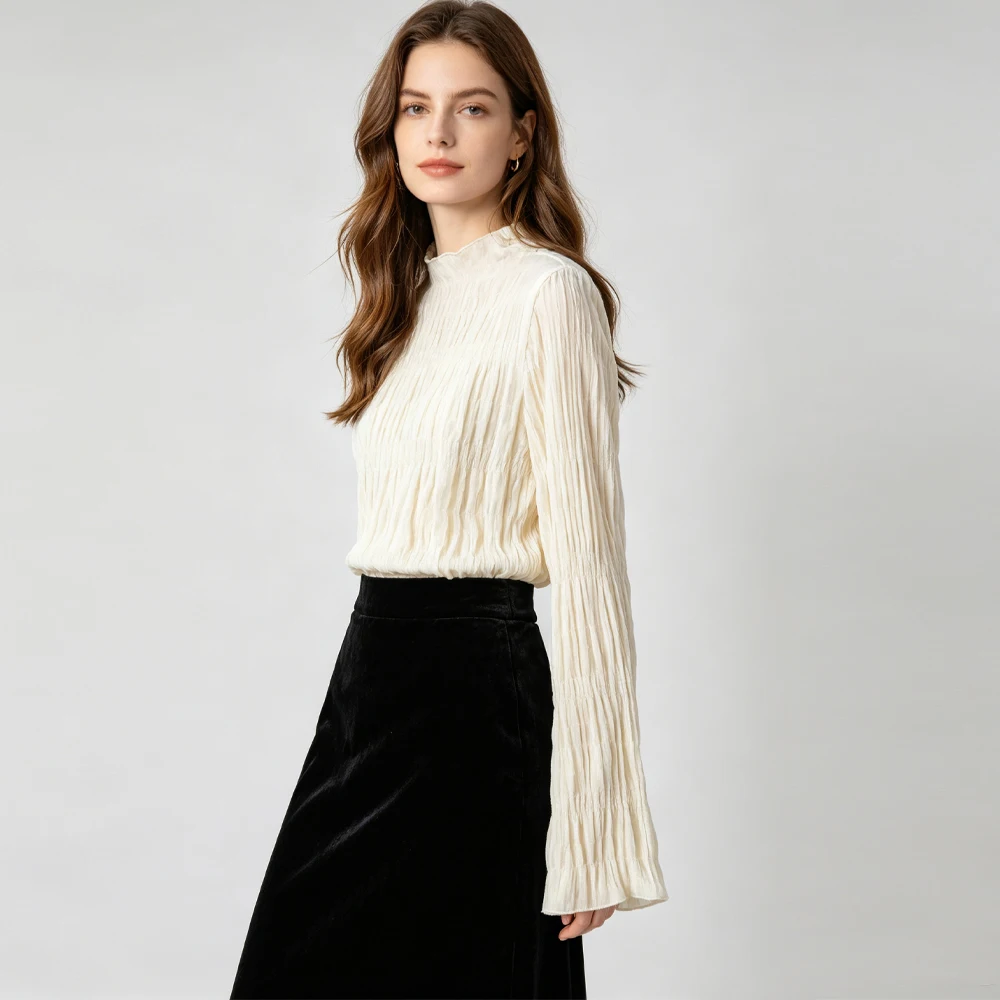 Premium Pleated 25% Natural Mulberry Silk Elastic Velvet Wave Pattern Stand Collar Long Sleeved Comfortable Women's T-shirt