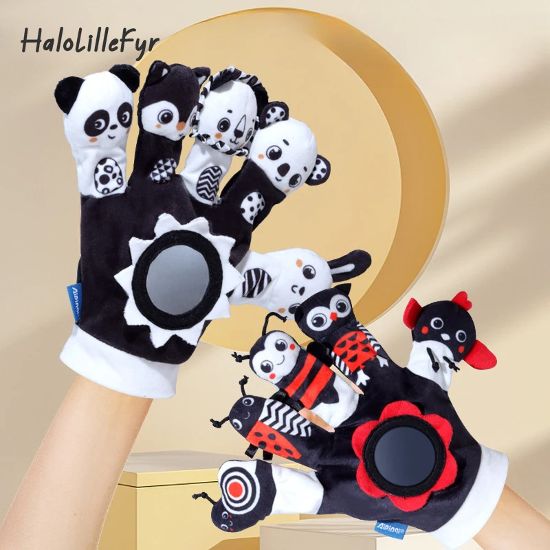 

Baby Hand Finger Plush Puppets Cute Animal Early Education Toys For Kids Glove Puppet Toy with Rattle and Mirror Newborn Gifts