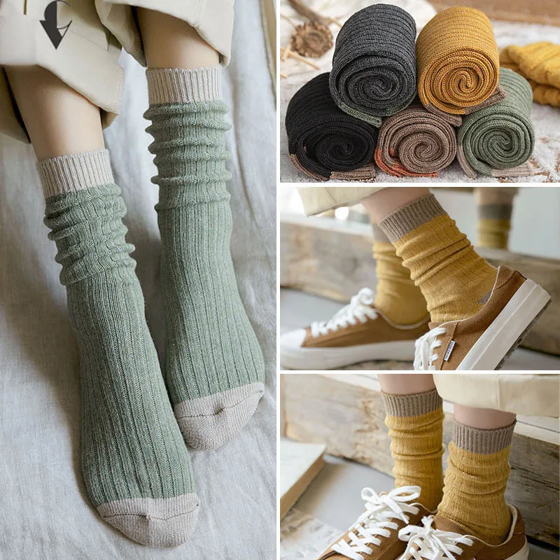 

Short Organic Cotton Woman Girl Socks Thick Loose Breathable Vintage Young Casual Striped Harajuku Warm Socks High Quality