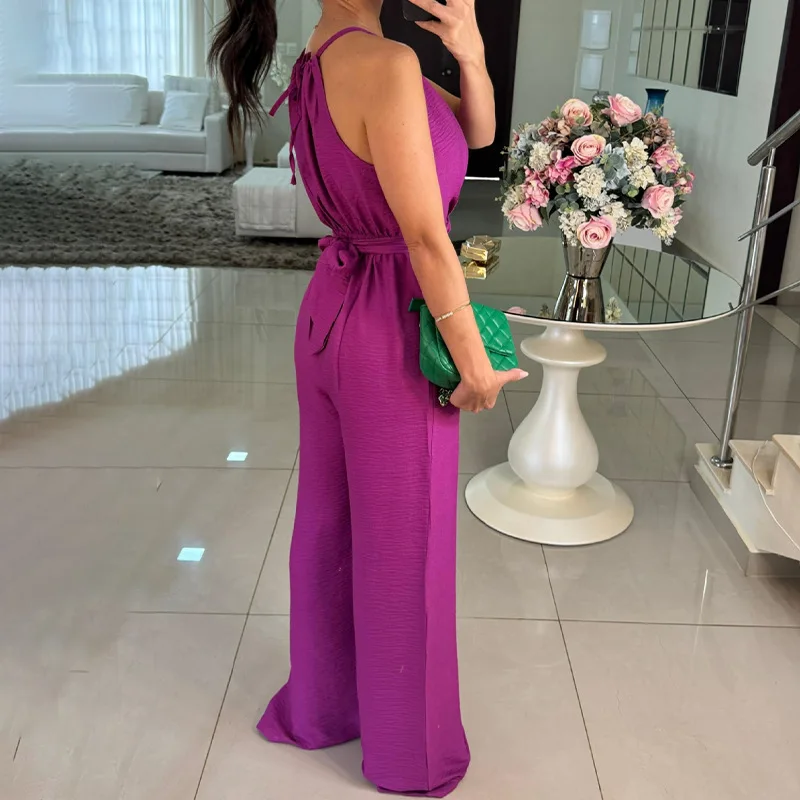 Summer Sexy One-shoulder Lace-up Women Jumpsuit Sleeveless Casual Commuting Romper Ladies High Waist Solid Color Loose Overalls