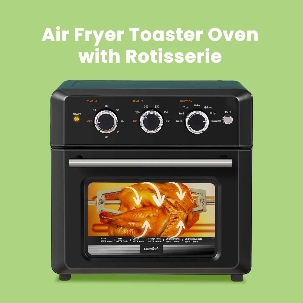 Horno tostador Retro Air Fry, 7 en 1, 1500W, capacidad de 19QT, 6 rebanadas, Rotisseries, cálido, Broil, tostada, horneado de convección, negro