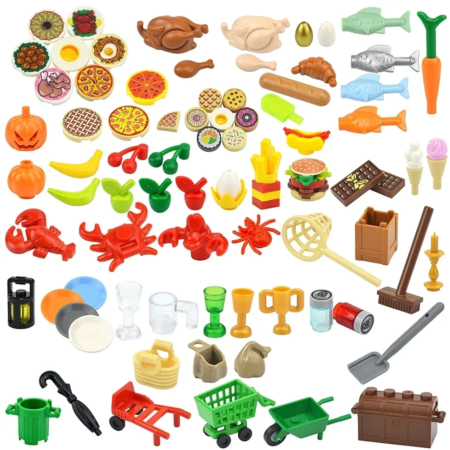 MOC City Food Accessories Mini Building Block Fish Apple Hot Dog Cake Pizza Fries Chicken Figures Brick Box Plate Compatible Toy