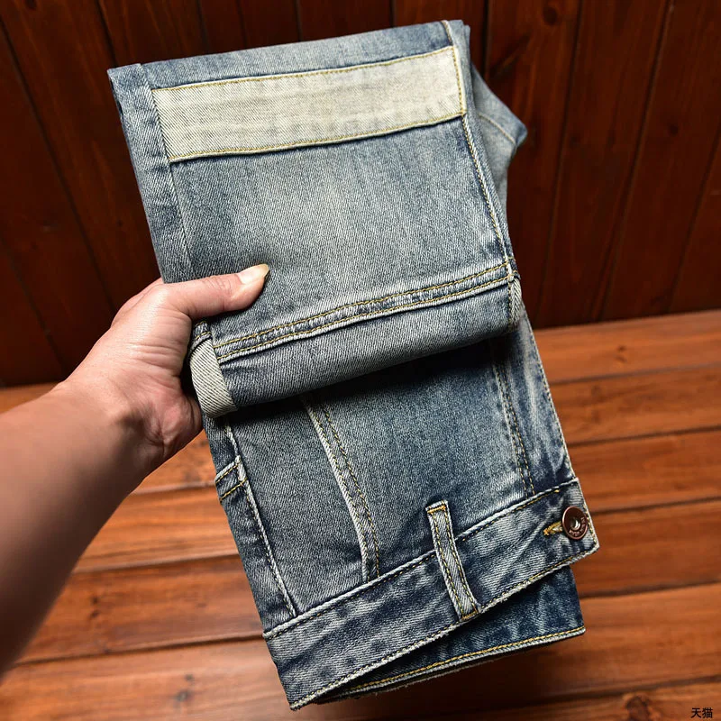 Celana jeans motor jahitan pria, celana skinny street punk Pu Shuai 2024 celana panjang fashion serbaguna baru