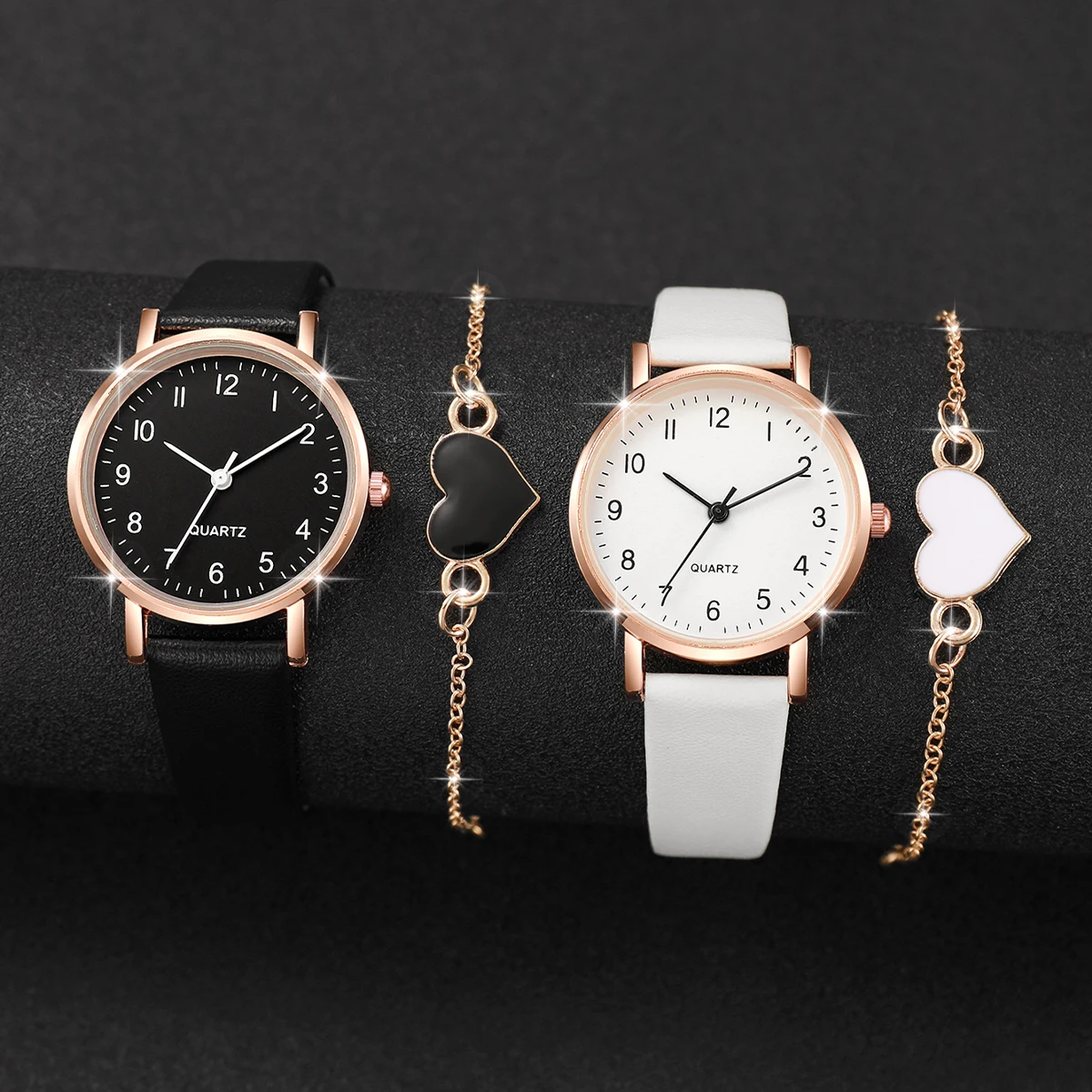 4PCS/Set Fashion Small Arabic Dial Women\'s Quartz Watch Leather Band Wrist Watches Heart Bracelets Set(Without Box)