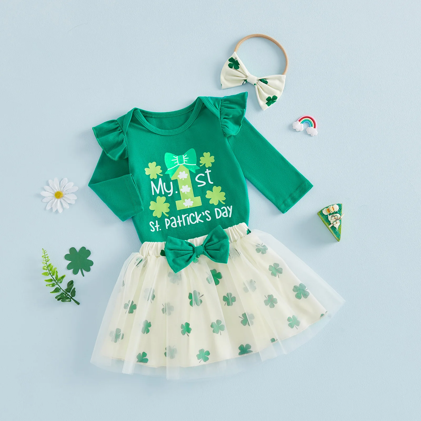 Baby Girl Irish Clothing Set Cute Clover Printed Long Sleeve Romper Mesh Lace Skirt Headband 3Pcs St. Patrick's Day Outfit
