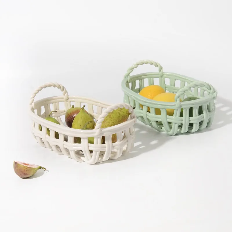 

French minimalist ceramic woven hand-held basket,decorative storage basket with handle,home kitchen fruit snack storage basket