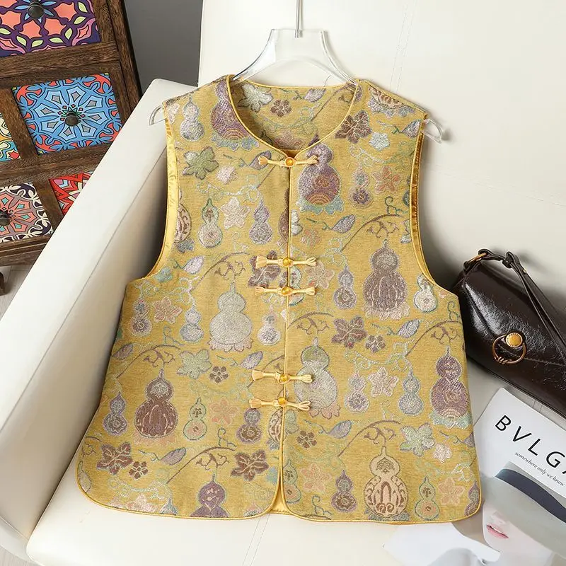 

Blouse Women Spring Vest Retro Button-fastening Chinese-style Jacquard Round neck Lightweight Waistcoat Stylish New Comfortable