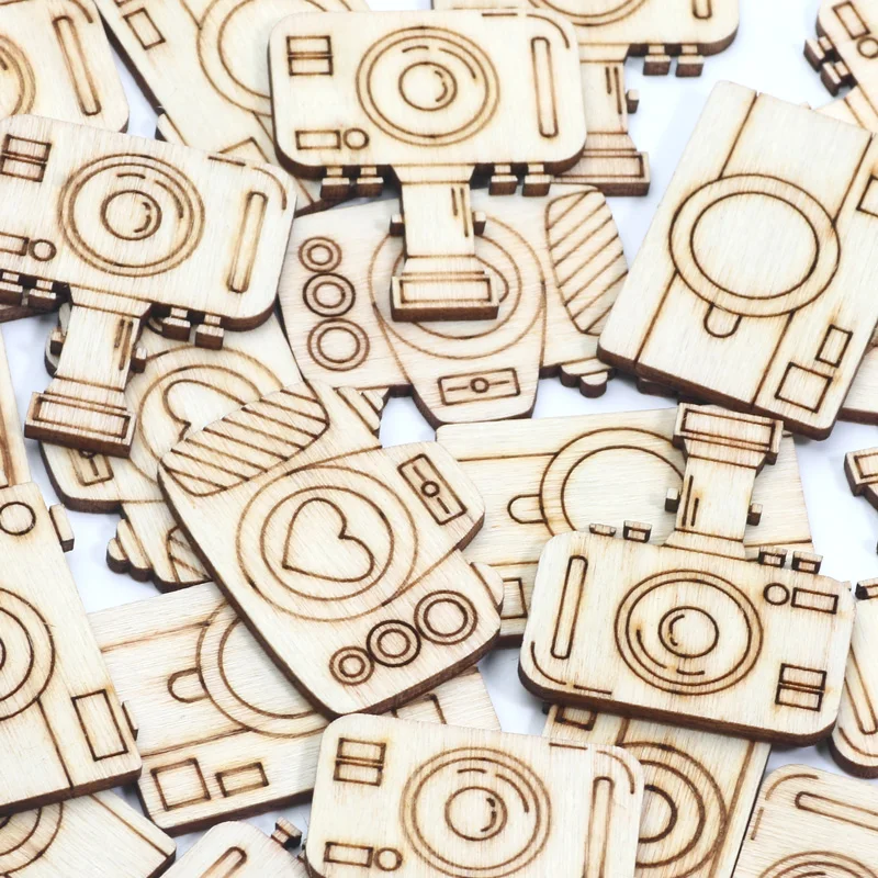 20pcs Mixed Camera Wooden Slices Handmade Embellishments Scrapbooking Gift Unfinished Wood Home Decoration DIY Craft Supplies