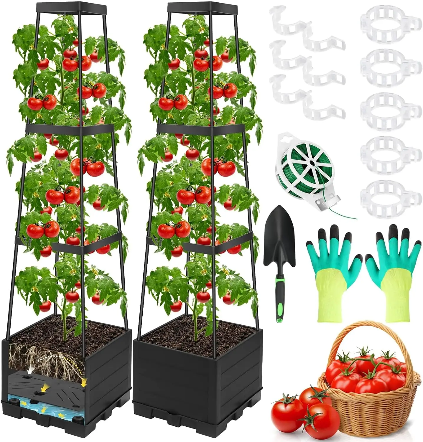 

2 Packs Tomato Planter Pot with Raised Bed Trellis, 45" Tomato Cages for Climbing Vegetables, Self Watering Tomato Growi