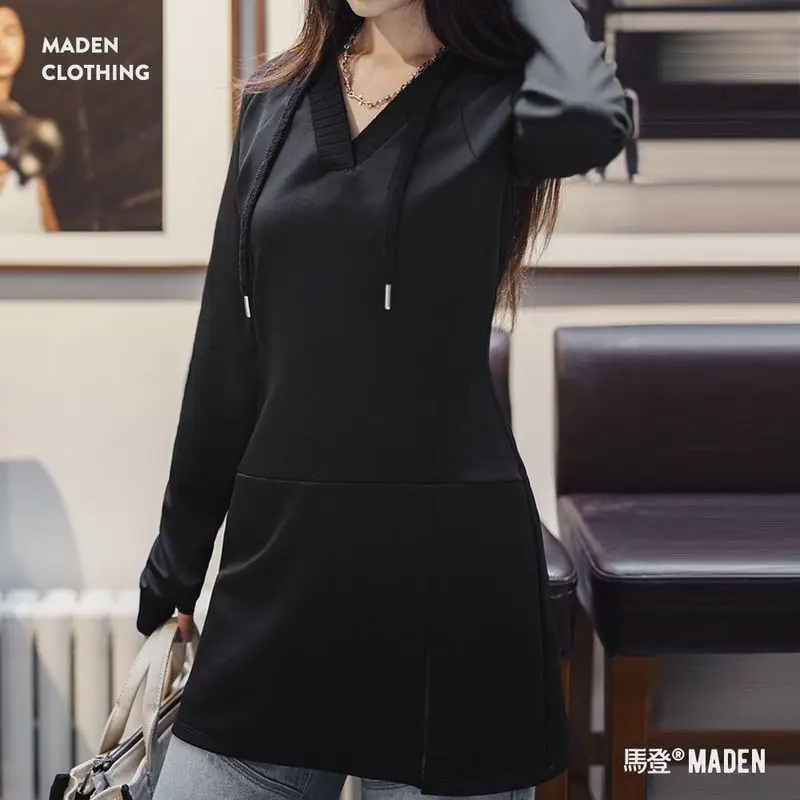 Maden nowa seksowna czarna bluza z kapturem sukienka dekolt w serek przycinanie talii Slim Fit spódnica ołówkowa dla kobiet wiosenna krótka sukienka z kapturem