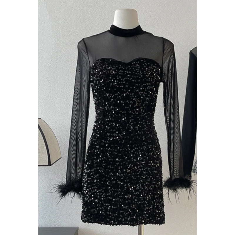 

Female Fashion Tulle Patchwork Dress Women's Spring Black O-Neck Shiny Sequins Sexy Temperament Dresses Party Club Wear