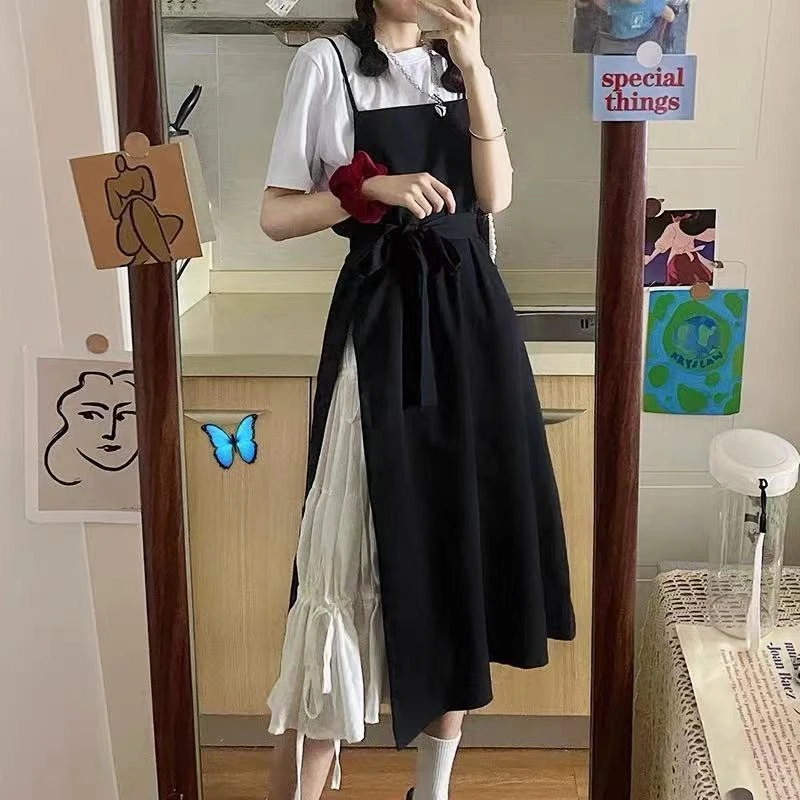 Conjunto Feminino de Duas Peças: Vestido Miniatura Doce e Salgado com Alças e Saia Longa Solta, Novo Design Sensação de Verão...