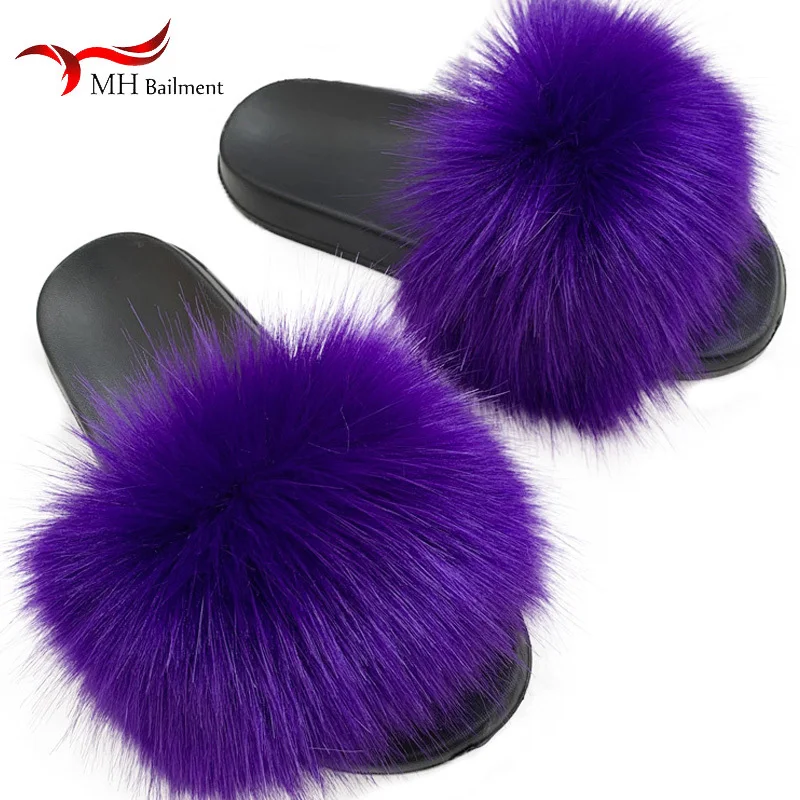 Faux Fur Slippers Women Soft Home Furry Fluffy Sandals Female Casual Flops Slides Winter Warm Flat Shoes Plus Size 36-45