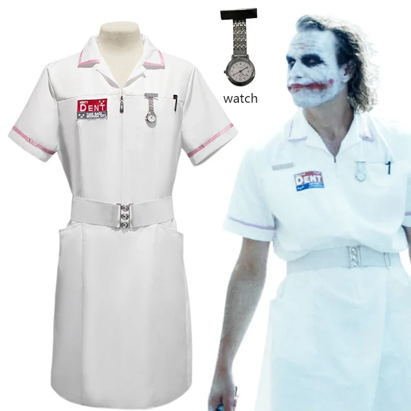 Uniforme de enfermera blanco, disfraz de Joker con bolígrafo de reloj, accesorios, ropa de payaso de película, conjunto de ropa de fiesta de Carnaval y Halloween para hombre