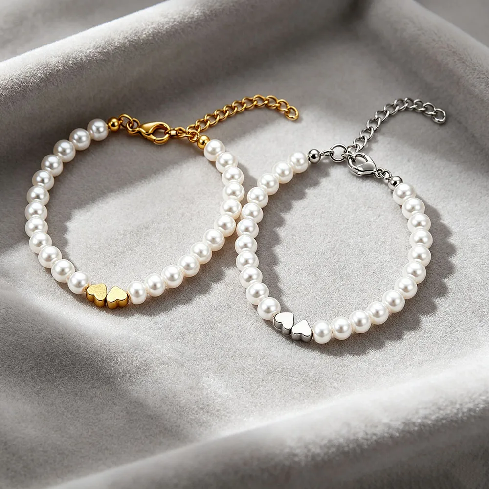 Minimalist Beaded Bracelet for Women Adjustable Heart Accent White Imitation Pearl Hand Jewelry Cheap Item for Dates Parties