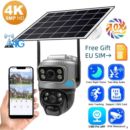 Cámara Solar de pantalla Dual HD de 8MP con tarjeta Sim 4G IP66 cámaras de vigilancia en exterior impermeables visión nocturna en Color CCTV