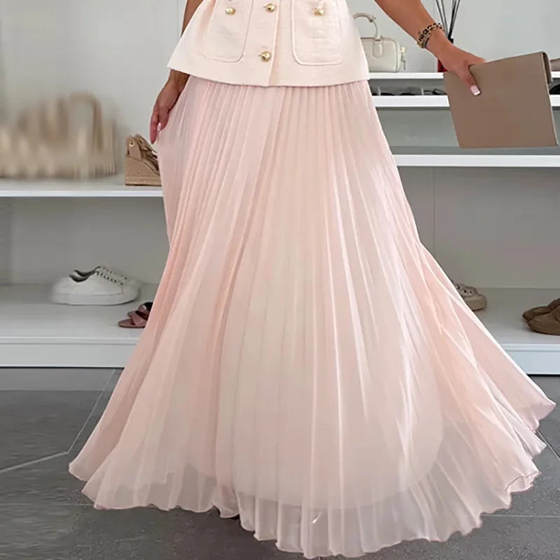 

Fashion O Neck Single Breasted Tops And Mesh Pleated Long Skirts 2 Piece Women Summer New Solid Commute Outfit Elegant Loose Set