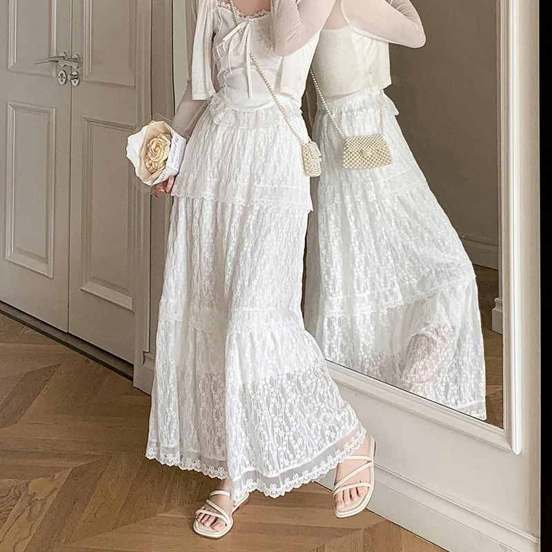 

Pop Fashion White Lace Embroidery Long Skirts Women New Spring Summer High Waist Bubble Skirt Holiday Style Femme Casual Maxi Sk