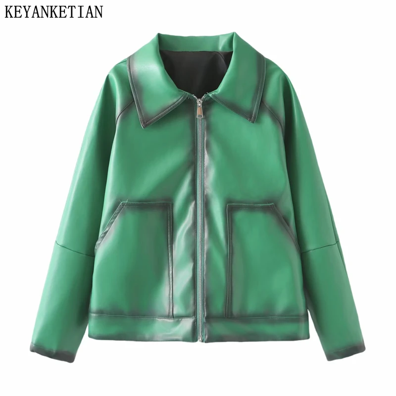 

KEYANKETIAN 2025 зимняя новая женская выцветшая куртка из искусственной кожи в стиле ретро с двойными карманами на молнии, свободная верхняя одежда, блейзер, топ