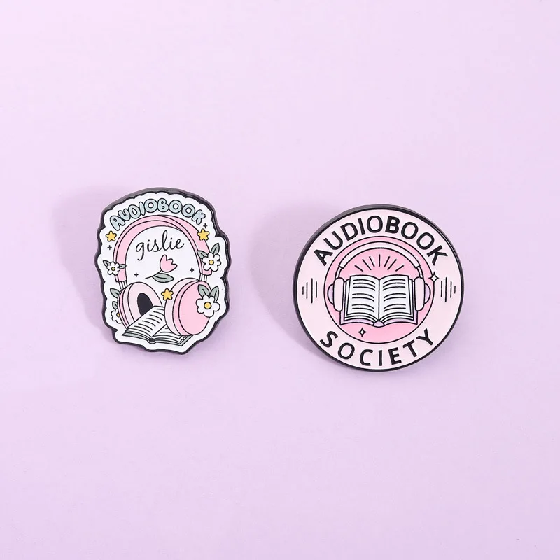 Cute Audiobook Enamel Pin Set 2pcs "Audiobook Society" & Floral Headphone Book Brooches for Book Lovers Backpack Accessories