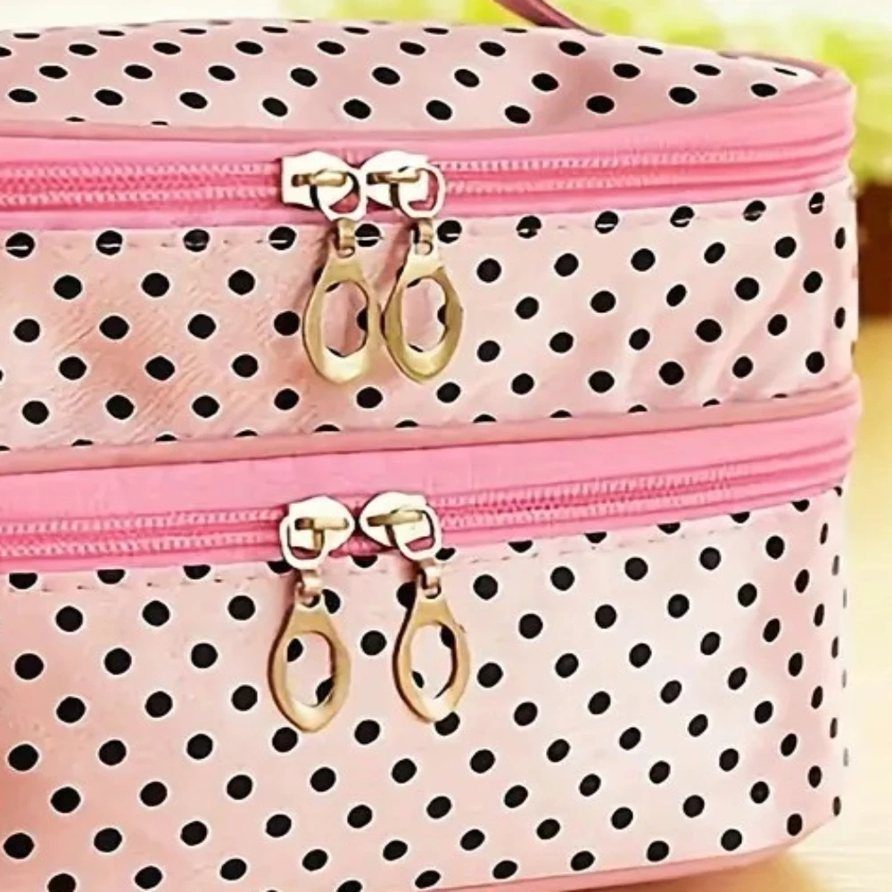 Custodia per trucco a doppio strato Borsa da toilette da viaggio per donna da donna con manico e area spazzola (a pois)