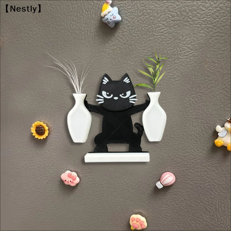 Cute Magnetic Cat Whisker Collector Double Vases Design Mini Vase Fridge Magnets Ornaments Memorial Box Home Office Decor〔Nest〕