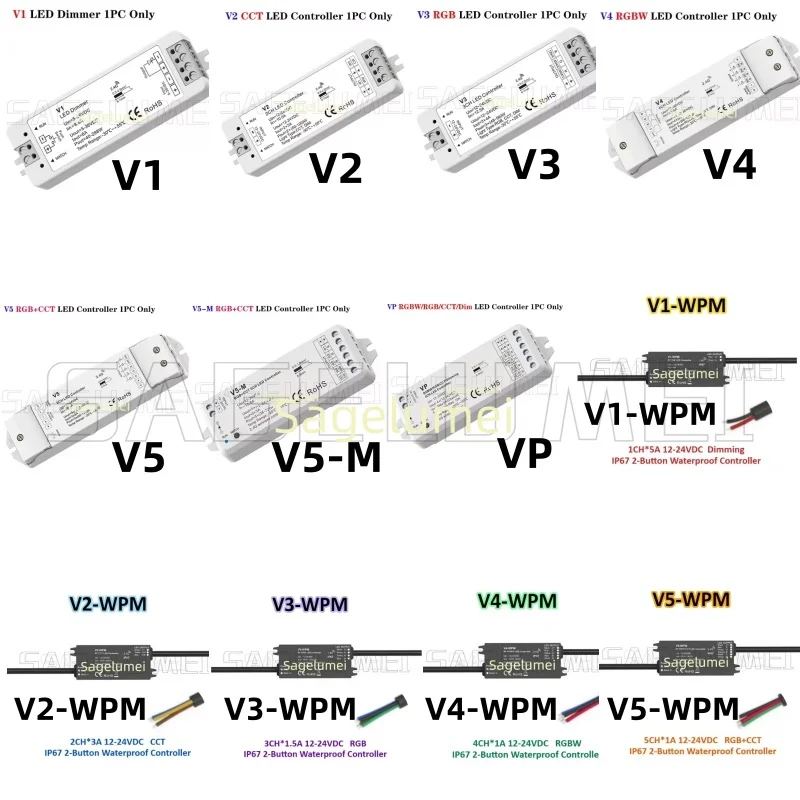 

Skydance 1CH 2CH 3CH 4CH 5CH LED Controller DC12V-24V Dimming/CCT/RGB/RGBW/RGB+CCT 2.4G RF Controller 2-Button Waterproof IP67