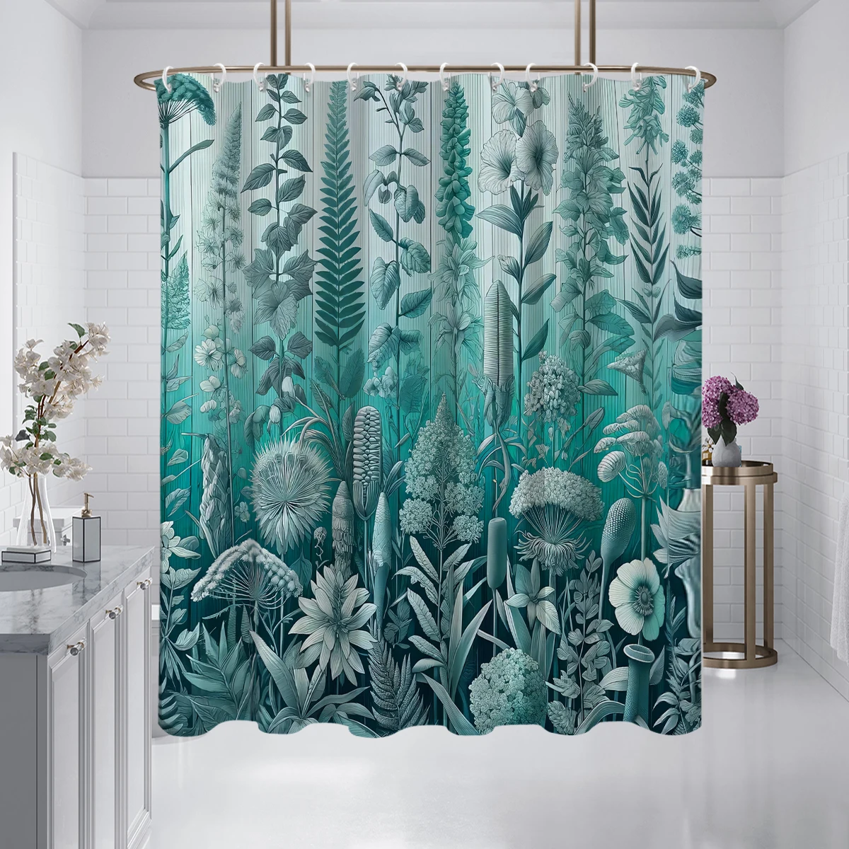 Pale Teal Seafoam Shower Curtain, Botanical Thistle Lavender and Leafy Floral Print Pattern, Cloth Fabric Bathroom Decor