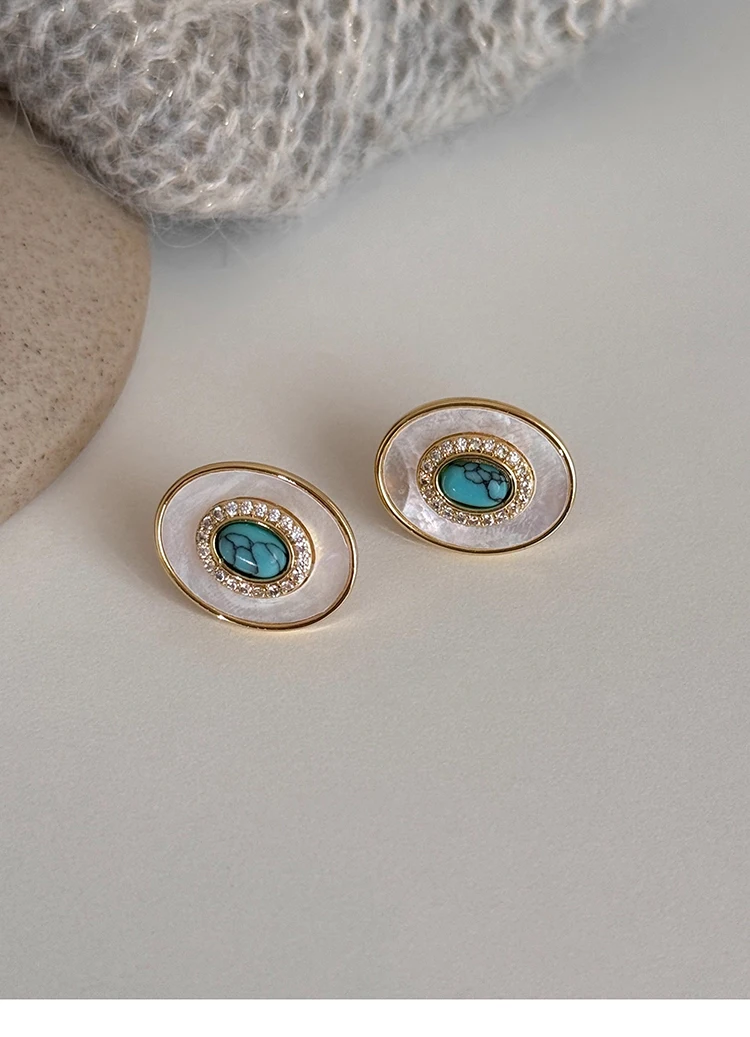 2026 Ovale Natürliche Muschel-Türkis-Ohrstecker für Damen Vintage Vergoldet Kubischer Zirkonia Böhmischer Eleganter Alltagsschmuck Geschenk – Detail 5